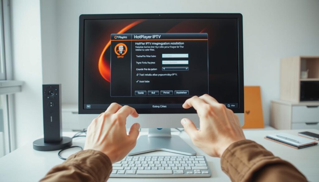 A bright, well-lit room with a desktop computer setup. The screen displays the HotPlayer IPTV application interface, guiding the user through the installation process step-by-step. In the foreground, a pair of hands expertly navigate the software, selecting options and entering information. The background features a clean, organized workspace with relevant peripherals like a keyboard, mouse, and possibly a notebook or reference materials. The scene conveys a sense of ease and confidence as the user confidently proceeds with the HotPlayer IPTV installation.