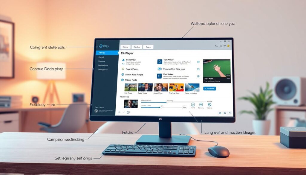 A detailed and lifelike illustration showcasing the key features and functionality of the Elk Player software on a modern desktop computer. The foreground depicts the Elk Player application interface, with prominently displayed controls, settings, and media playback options. The middle ground features a sleek, minimalist computer setup with a large high-resolution display, a wireless keyboard and mouse, and a clean, organized desk surface. The background is a softly lit, warm-toned office or home workspace, with subtle ambient lighting and hints of modern decor. The overall mood is one of professional productivity, intuitive user experience, and the seamless integration of technology in a comfortable, efficient environment.