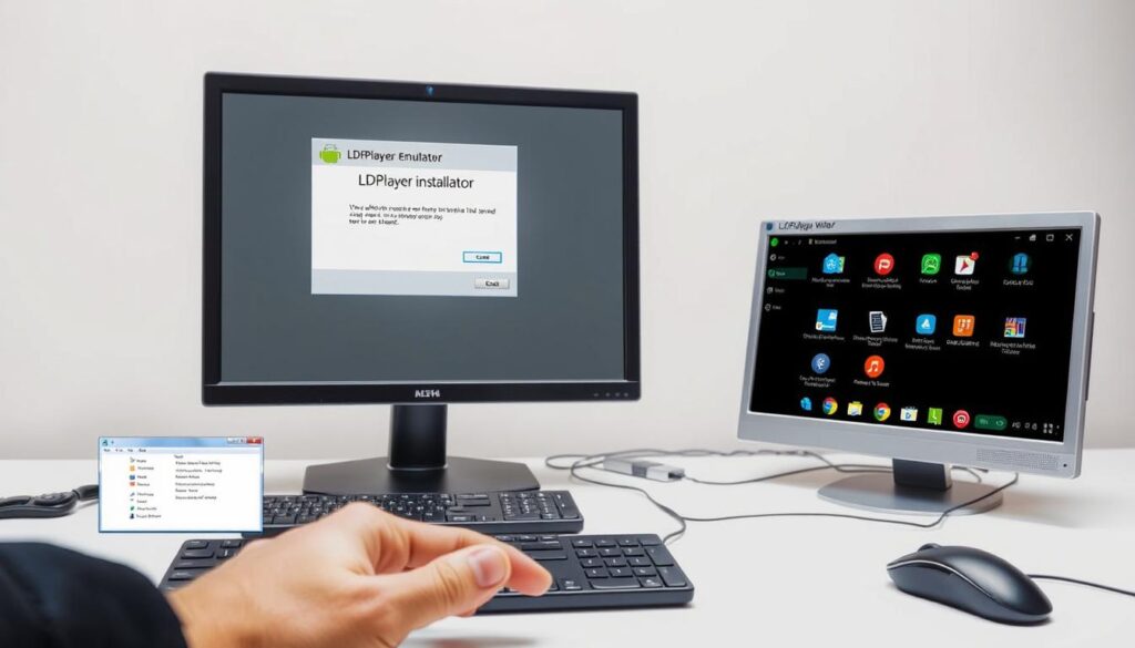 A detailed step-by-step installation guide for the LDPlayer Android emulator on a Windows PC. The scene depicts a clean, well-lit office workspace with a desktop computer, keyboard, and mouse. The computer monitor displays the LDPlayer installation wizard, showcasing the various steps involved. The foreground features a hand operating the mouse, guiding the user through the installation process. The middle ground shows various software icons and windows related to the emulator setup. The background is a subtle, neutral color palette, keeping the focus on the key installation steps.
