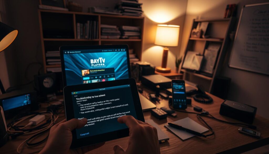 A dimly lit home office with a laptop displaying the Baytv player interface, surrounded by an array of technical devices and troubleshooting tools. In the foreground, a hand holds a tablet displaying troubleshooting steps, with a notepad and pen nearby. The middle ground features various cables, adapters, and a smartphone displaying error messages. The background showcases a bookshelf filled with technical manuals and a wall-mounted whiteboard with problem-solving notes. The overall atmosphere conveys a sense of focused problem-solving, with warm lighting and a serene, contemplative mood.