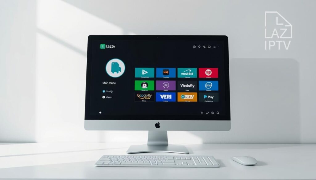 A modern desktop computer screen displaying the Lazy IPTV application interface, with a clean and intuitive design. The screen showcases the app's main menu, highlighting the simplicity and ease of use for installation on a Windows/PC system. The overall lighting is soft and natural, creating a calming atmosphere. The camera angle is slightly elevated, providing a clear view of the screen's contents. The background is a neutral, minimalist setting, allowing the application interface to take center stage and grab the viewer's attention.