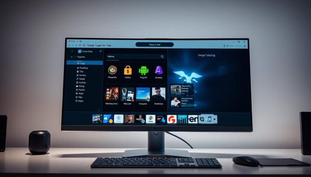 A modern desktop computer screen displaying the MEmu Android emulator, its interface showcasing a variety of Android apps and tools. The emulator is prominently featured, taking up the majority of the frame, with a clean and intuitive user interface. The background is a neutral, uncluttered workspace, allowing the emulator to be the focal point. Soft lighting illuminates the scene, creating a professional and polished atmosphere. The overall impression is one of a powerful, yet user-friendly Android emulation software, suitable for a range of streaming and media-related applications.