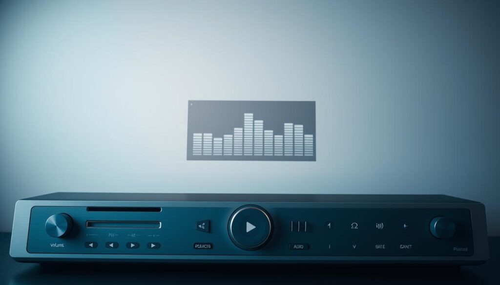 A modern media player interface with sleek customization options. In the foreground, a clean and intuitive control panel with a minimalist design, featuring adjustable volume, playback controls, and visualizer settings. The middle ground showcases a responsive equalizer, allowing the user to fine-tune the audio experience. In the background, a subtle gradient or abstract pattern creates a polished, sophisticated ambiance, complementing the overall aesthetic. The lighting is soft and diffused, creating a calming atmosphere. The camera angle is slightly angled, providing a dynamic and engaging perspective. The overall mood is one of personalization, refinement, and a tailored digital entertainment experience.