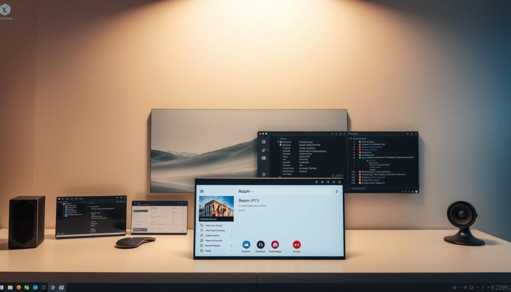 A modern, minimalist Linux desktop setup with a focus on a streaming software interface. In the foreground, a clean and intuitive Room IPTV application window dominates the screen, its sleek design showcasing the latest media content. The middle ground features an array of system monitoring widgets, providing detailed insights into CPU, memory, and network performance. In the background, a subtle wallpaper depicts a serene, nature-inspired landscape, creating a calming atmosphere. The lighting is soft and evenly distributed, highlighting the digital elements while maintaining a sense of balance. The camera angle is slightly elevated, giving a bird's-eye view of the setup, emphasizing the cohesive and organized nature of the Linux-based streaming configuration.
