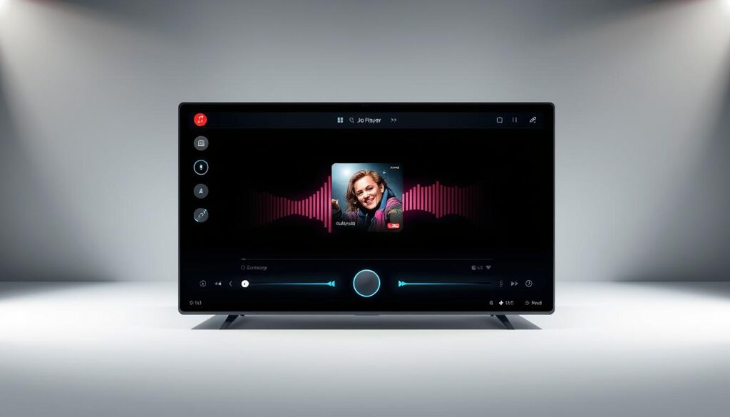 A modern, slickly-designed media player interface showcasing the advanced features of Ibo Player Pro. In the foreground, a clean, minimalist control panel with intuitive buttons and sliders for volume, playback, and audio/video settings. In the middle ground, a large video display window playing high-quality content, with a sophisticated visualization or album art displayed. In the background, a subtle gradient or textured wallpaper sets an elegant, professional tone. Crisp lighting from multiple angles highlights the player's elegant design and premium aesthetic, conveying a sense of power and sophistication for the advanced user.