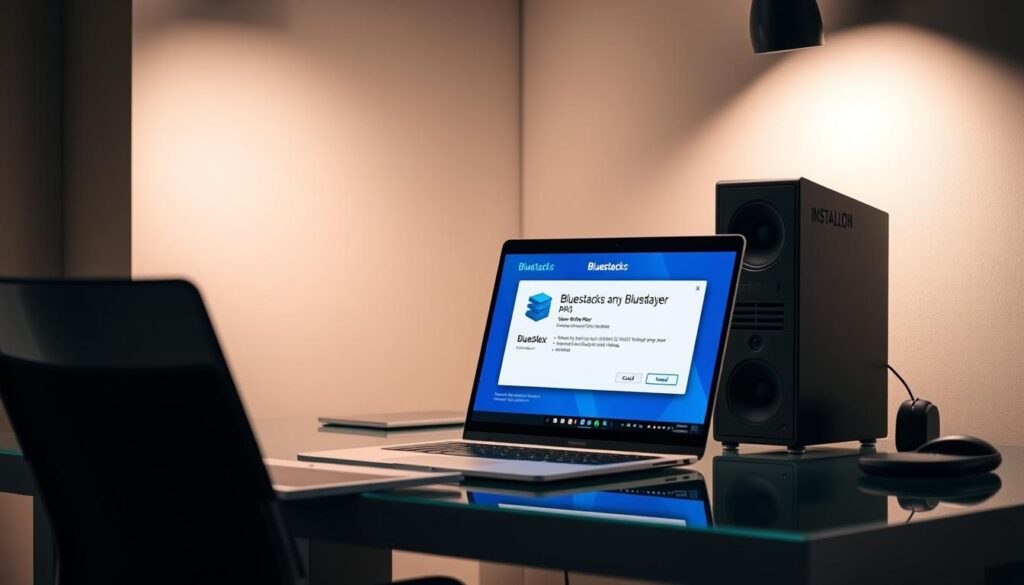 A modern, well-lit office desk with a sleek laptop and a secondary display screen. On the screen, an installation window for the Bluestacks android emulator is prominently featured, showcasing the Duplex Player software integration. The desk surface is clear, allowing the technical details of the installation process to be the focal point. Soft, directional lighting illuminates the scene, creating a professional and focused atmosphere. The angle is slightly elevated, giving a comprehensive view of the desktop setup and the Bluestacks installation interface.