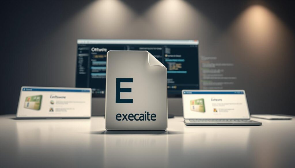 A professional software installation on a sleek, modern Windows desktop. In the foreground, a large executable file icon stands prominently, its bold lettering and glossy finish catching the eye. Surrounding it, various windows, folders, and system UI elements create a sense of functionality and organization. Soft, even lighting from above illuminates the scene, casting subtle shadows that add depth and dimension. The overall mood is one of efficiency and professionalism, reflecting the seamless integration of the executable installation process within the Windows computing environment.