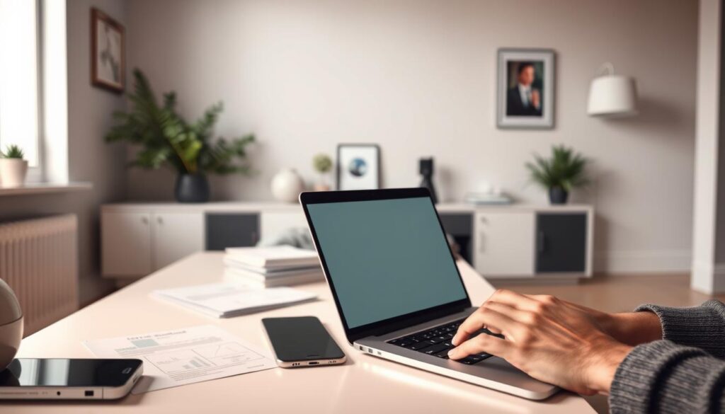 A serene and modern home office setup, with a laptop, smartphone, and documents on a minimalist desk. Soft, warm lighting illuminates the space, creating a productive and calming atmosphere. The walls feature clean, neutral-toned decor, reflecting the solutions-focused mindset. In the foreground, hands type on the laptop keyboard, symbolizing the act of troubleshooting and problem-solving. The overall scene conveys a sense of focus, determination, and the successful resolution of common installation challenges.