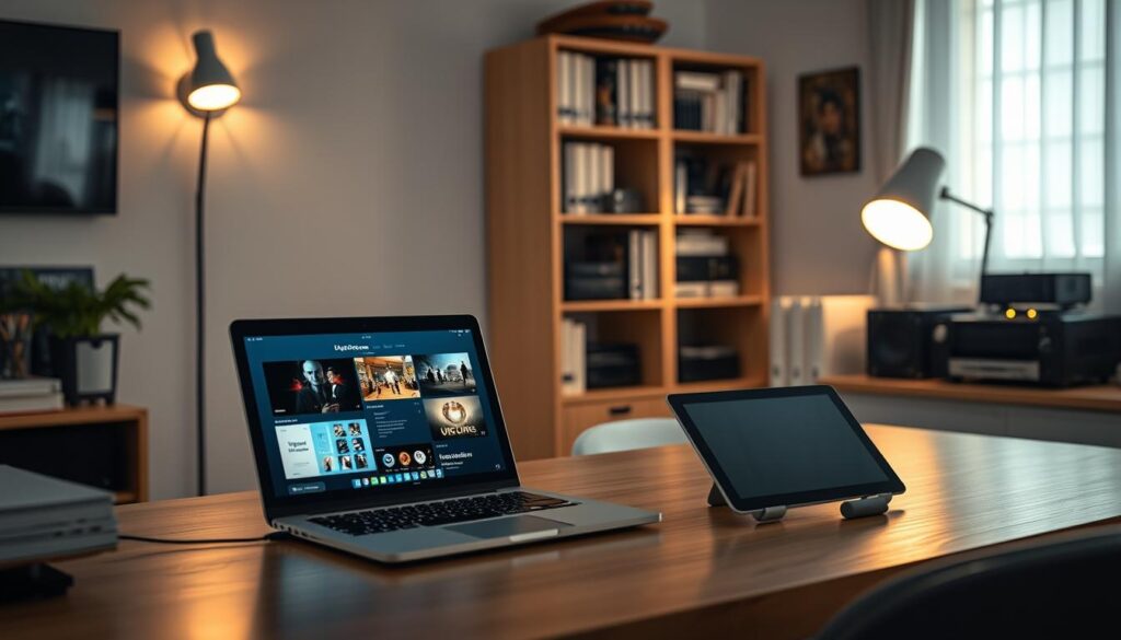 A serene, well-lit home office space with a cozy, minimalist aesthetic. In the foreground, a desk with a sleek, modern laptop computer and a tablet, both displaying IPTV streaming content. Subtle lighting fixtures cast a warm glow, creating an atmosphere of productivity and problem-solving. In the background, a bookshelf filled with technical manuals and networking equipment, hinting at the technical aspects of resolving streaming issues. The overall scene conveys a sense of calm, focused determination to optimize the IPTV streaming experience.