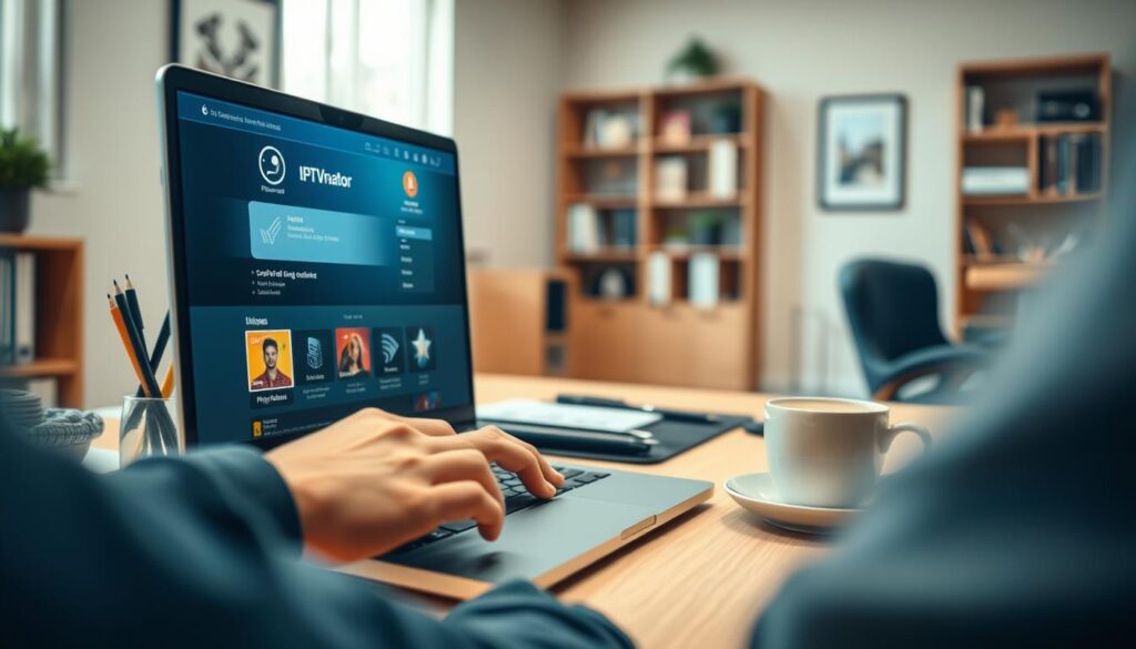 A serene, well-lit office setting with a person intently troubleshooting a laptop displaying the IPTVnator interface. The foreground shows the person's hands typing on the keyboard, with the laptop screen in focus, showcasing the IPTVnator software. The middle ground features an organized desk with a monitor, stationery, and a cup of coffee, conveying a productive and focused atmosphere. The background blurs into a warm, inviting room with neutral-toned walls, a bookshelf, and a comfortable office chair, creating a cozy and professional environment. The lighting is soft and natural, casting subtle shadows and highlights to enhance the details. The overall scene reflects the theme of resolving technical issues and providing useful tips for using IPTVnator effectively.