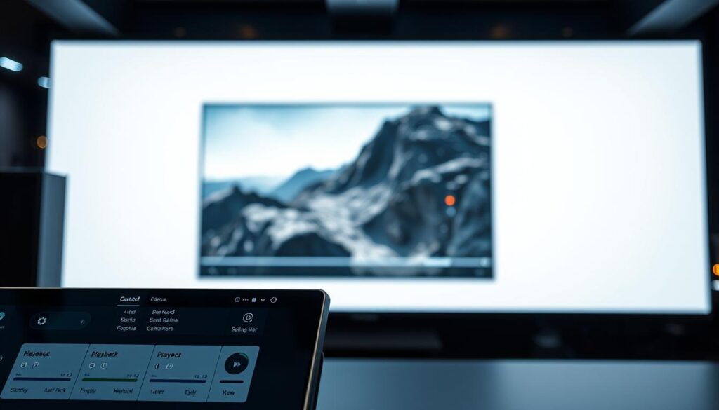 A sleek and intuitive IPTV player interface, showcasing advanced functionalities with a modern, minimalist design. In the foreground, the main control panel features a clean layout with customizable settings and playback options. The middle ground highlights a crisp, high-definition video stream, immersing the viewer in the content. The background subtly suggests a professional, enterprise-grade setup, with subtle lighting accents and a hint of technical complexity. The overall atmosphere conveys a sense of power, flexibility, and seamless user experience for the advanced IPTV Smarters Pro platform.