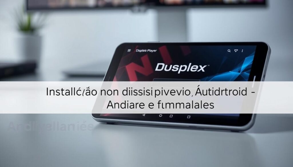 A sleek and modern Android device with a crisp, high-resolution display showcasing the Duplex Player interface. The device is placed on a clean, minimalist workspace, perhaps a desk or table, with subtle lighting highlighting the device's elegant design. The background is slightly blurred, creating a sense of focus on the Android device and the IPTV app interface it displays. The overall scene conveys a professional and technology-driven atmosphere, suitable for illustrating the "Instalação no Dispositivo Android e Emuladores" section of the article.