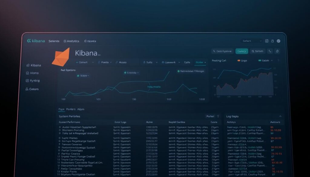 A sleek and modern dashboard interface with the Kibana logo prominently displayed, showcasing real-time log monitoring and analytics. The foreground features clean, minimalist data visualizations and charts, providing a comprehensive overview of system performance and error logs. The middle ground presents a detailed breakdown of individual log entries, allowing for deep dives into specific issues. In the background, a muted, tech-inspired gradient creates a sense of depth and professionalism, complementing the overall aesthetic. Soft, directional lighting illuminates the dashboard, creating a subtle sense of depth and drama. The entire scene conveys a sense of control, efficiency, and the power of data-driven decision-making.