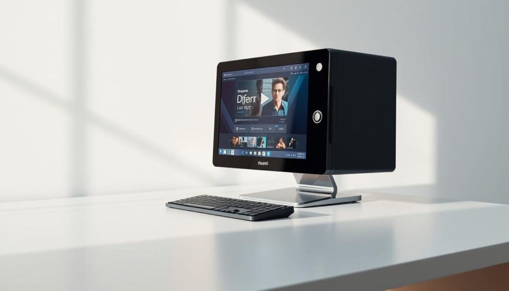 A sleek and modern desktop computer with a glossy black chassis sits on a clean, minimalist workdesk. The screen displays the Dream Player software interface, showcasing its intuitive controls and media playback features. Soft, directional lighting illuminates the scene, casting subtle shadows that accentuate the device's elegant design. The environment has a calming, professional atmosphere, reflecting the seamless user experience of the Dream Player application. The overall composition emphasizes the system requirements and the ease of installation, inviting the viewer to imagine themselves effortlessly setting up the software on their own Windows-based PC.
