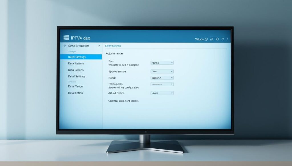 A sleek and modern setup of a Windows IPTV player interface, showcasing the initial configuration and adjustments. The screen displays a clean, intuitive layout with various settings and options neatly organized. Soft blue and grey tones create a professional, technology-driven atmosphere. Subtle lighting from the side casts a gentle glow, highlighting the details of the user interface. The camera angle captures the display at a slight diagonal, providing a comprehensive view of the system's configuration. The overall scene conveys a sense of user-friendly control and customization for the IPTV player on a Windows/PC platform.