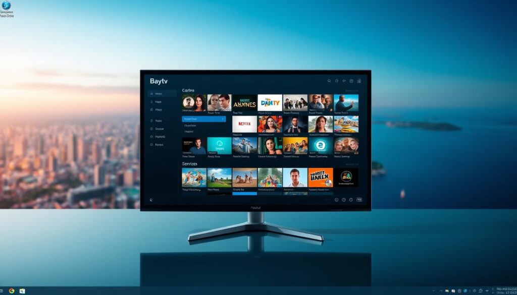 A sleek, modern Windows desktop with the Baytv player application prominently displayed in the center. The interface showcases a grid of streaming channels and services, with a clean, intuitive layout. The background features a vibrant cityscape with a bay or harbor, hinting at the "bay" in "Baytv". Soft, diffused lighting creates a professional, polished atmosphere, and the camera angle is slightly elevated to provide an optimal view of the desktop and its contents. The overall impression should convey the ease of installing and using the Baytv player on a Windows/PC system.