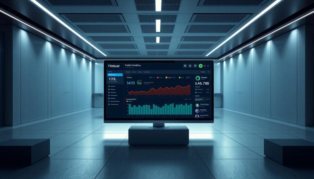A sleek, modern data integration platform with the Filebeat system as the central component. The foreground depicts Filebeat's elegant dashboard, displaying real-time analytics and metrics. The middle ground showcases the seamless integration with various data sources, represented by colorful icons. In the background, a minimalist, high-tech environment with clean lines and subtle lighting creates an atmosphere of efficiency and professionalism. The overall composition conveys a sense of control, visibility, and the power of data-driven decision-making.