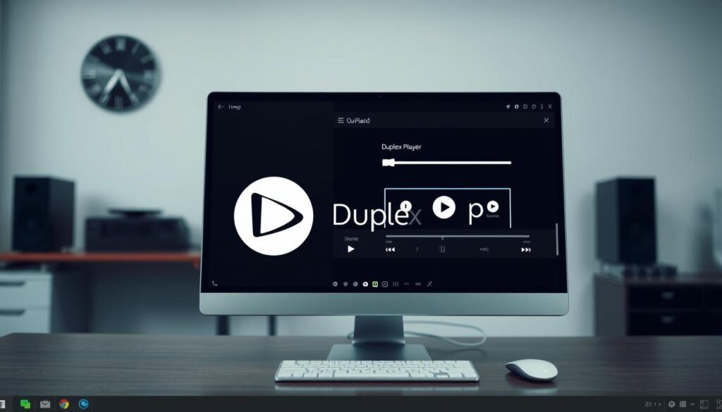 A sleek, modern desktop computer displaying the Duplex Player software interface on a Linux operating system. The screen shows the Duplex Player's intuitive controls and media playback functionality. In the foreground, the Duplex Player logo is prominently featured, reflecting its role as the focal point of the image. The middle ground showcases the clean, minimalist design of the Duplex Player UI, with various buttons and sliders for adjusting playback settings. The background depicts a subtle, uncluttered workspace, with a clean desk and modern office furnishings, creating a professional and productive atmosphere. The lighting is soft and diffused, highlighting the details of the computer hardware and software. The overall composition conveys the ease of use and seamless integration of Duplex Player within a Linux desktop environment.