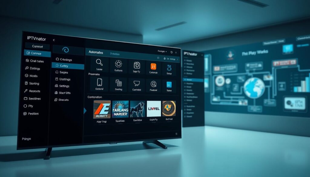 A sleek, modern desktop interface showcasing the advanced features of IPTVnator. In the foreground, a large display panel highlights various customization options and settings, with intuitive icons and controls. In the middle ground, a sidebar offers a clean navigation menu, while the background features stylized visualizations or infographics related to the app's capabilities. Soft, indirect lighting creates a professional, technical atmosphere, and the overall composition conveys a sense of power and versatility for the powerful IPTV management tool.