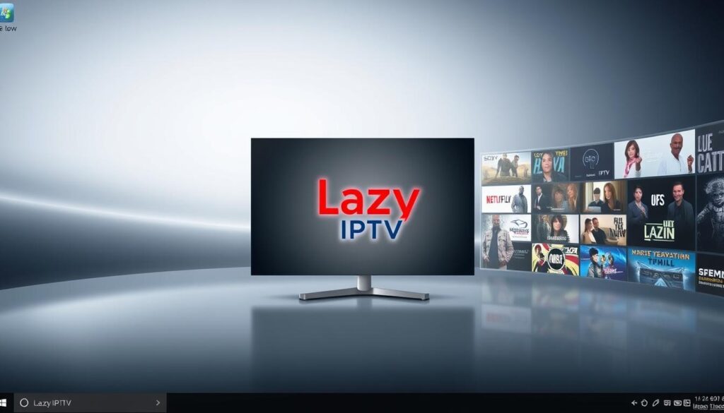 A sleek, modern desktop interface with a Lazy IPTV app prominently displayed, showcasing its key features and functionality. The foreground depicts the Lazy IPTV logo, surrounded by a grid of intuitive icons representing various streaming options, content categories, and customization tools. The middle ground highlights a clean, minimalist design with a subtle gradient background, conveying a sense of sophistication and ease of use. The background subtly suggests the breadth of content available, with hints of popular TV shows, movies, and live channels. The overall atmosphere is one of simplicity, versatility, and the power of a comprehensive IPTV solution at the user's fingertips, perfectly aligning with the "Funcionalidades e Benefícios do Lazy IPTV" section of the article.