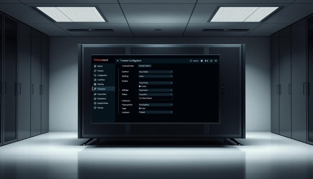 A sleek, modern server interface with a TVheadend configuration panel displayed prominently in the center. The panel shows various settings and options for connecting and configuring the server. The background is a minimalist, monochromatic design, with clean lines and subtle gradients to create depth and focus on the main element. Soft, directional lighting casts gentle shadows, highlighting the details of the interface. The overall atmosphere is professional, technical, and visually appealing, reflecting the subject matter of the article section.