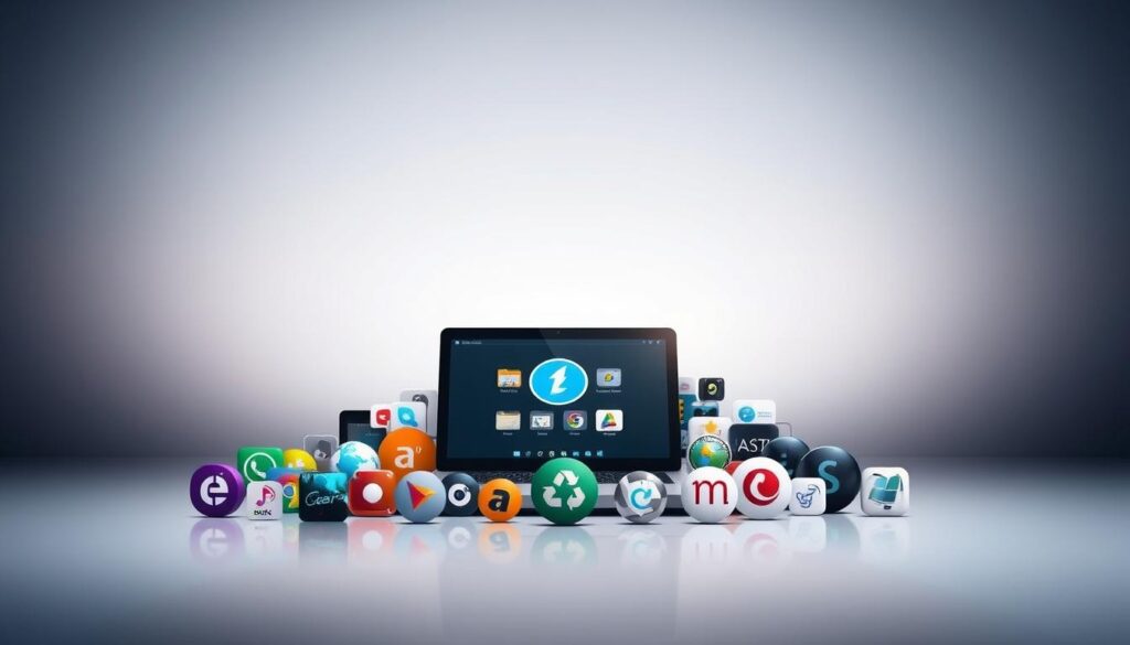 A visually stunning and informative image depicting "alternativas recursos adicionais" in the context of the article "Como Instalamos o Dream Player no Linux: Guia Passo a Passo." The image should feature a clean, modern aesthetic with a seamless integration of relevant visual elements. In the foreground, a collection of diverse software icons and logos representing alternative programs and additional resources should be prominently displayed, showcasing the variety of options available to the user. The middle ground could feature a stylized laptop or desktop computer displaying the Dream Player interface, highlighting its key features and functionality. The background should convey a sense of technological sophistication, with subtle patterns, gradients, or minimalist geometric shapes creating a visually engaging and cohesive composition. The overall mood should be one of professionalism, innovation, and the empowerment of the user through the exploration of alternative resources and tools.