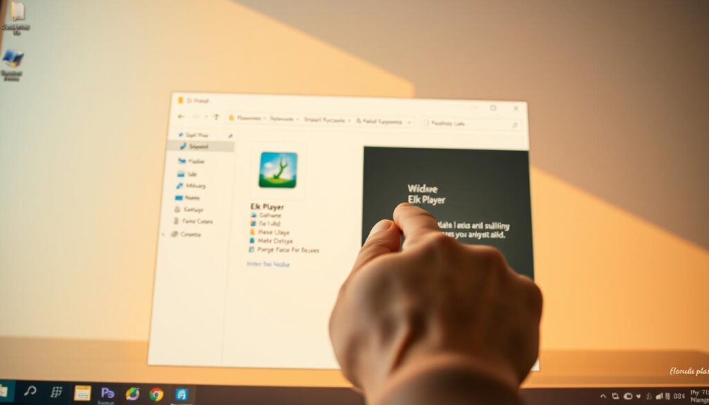 A well-lit Windows desktop with an open folder displaying the installation files for Elk Player. In the foreground, a hand gently clicks the setup executable, initiating the installation process. The background features a calm, minimalist workspace with a few productivity icons on the taskbar, conveying a sense of focus and efficiency. The lighting is warm and natural, creating a welcoming atmosphere for the user to engage with the software installation. The overall composition emphasizes the simplicity and user-friendliness of the Elk Player installation experience on a Windows system.