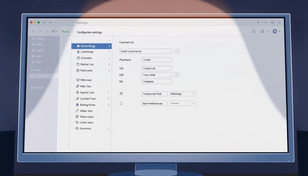 A well-lit, high-resolution, detailed digital illustration showcasing the configuration settings interface of the HotPlayer IPTV application on a desktop computer screen. The screen displays various menus and options for customizing the IPTV experience, such as server settings, channel lists, playback options, and user preferences. The interface is rendered with a clean, modern aesthetic, using a muted color palette and clear typography to convey a sense of professionalism and practicality. The composition places the screen in the center, with minimal distractions in the background, allowing the viewer to focus on the key details of the IPTV configuration experience.