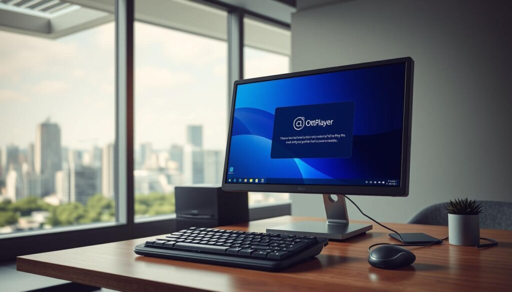 A well-lit, photorealistic desktop workspace in a modern office setting. On the desk, a desktop computer, keyboard, and mouse are neatly arranged, with the monitor display showing the OttPlayer installation interface. In the background, a large window provides natural lighting and a view of a bustling city skyline. The overall atmosphere is calm, professional, and focused, conveying a sense of preparation and diligence in setting up the OttPlayer software on the Windows/PC system.
