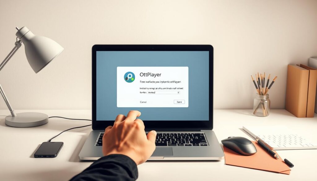 A well-lit, step-by-step instruction manual for installing OttPlayer on a Windows PC, showcasing the installation process in a clean, organized layout. The foreground depicts the laptop screen with the OttPlayer installation interface, surrounded by a minimalist workspace with desk accessories like a mouse, keyboard, and notebook. The middle ground features a hand guiding the installation, conveying a sense of user interaction. The background is a neutral, off-white environment, providing a calm and focused atmosphere for the tutorial. Soft, directional lighting enhances the clarity and legibility of the on-screen interface, while a high-resolution, high-detail rendering ensures a visually compelling and informative illustration.