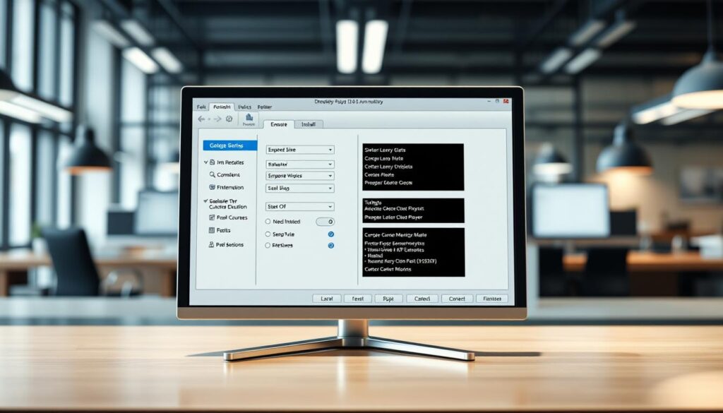 Detailed configuration screen of a Dream Player emulator on a sleek, metallic-framed PC desktop. The emulator interface dominates the foreground, with various settings and options displayed in a clean, minimalist design. The middle ground features a blurred backdrop of a modern office or home workspace, hinting at the wider context. The overall tone is one of focused, technical professionalism, reflecting the step-by-step installation guide for this specialized media player software.
