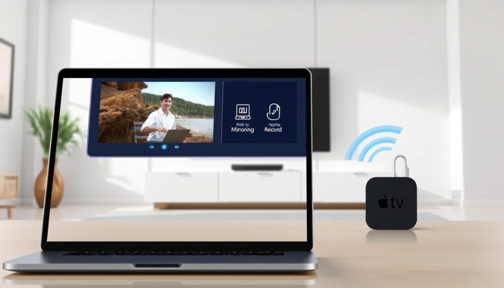 Detailed digital illustration showcasing the AirPlay mirroring and recording functionalities of 5KPlayer software. In the foreground, a laptop screen displays a video or media being mirrored wirelessly to an Apple TV or smart TV using the AirPlay protocol. The middle ground features a floating control panel with clear icons and labels for the mirroring and recording options. The background setting is a modern, minimalist interior with clean lines and neutral tones, emphasizing the seamless integration of the software features. Bright, natural lighting illuminates the scene, creating a crisp, professional atmosphere. The overall composition should convey the ease and versatility of the 5KPlayer's AirPlay capabilities.