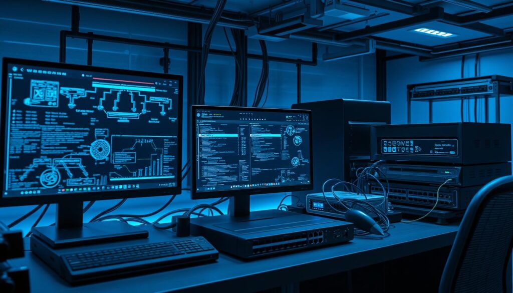 Detailed technical configuration of a computer network setup for streaming media on a Windows PC. Show a sleek, modern workstation with multiple monitors, network devices like routers and switches, and visualization of data flows. Use cool blue and gray tones to convey a professional, high-tech atmosphere. Include realistic textures and lighting to enhance the sense of depth and realism. Depict the scene from a slightly elevated, angled perspective to showcase the full setup. Emphasize the complexity and interconnectivity of the system, hinting at the optimization required for seamless media streaming.